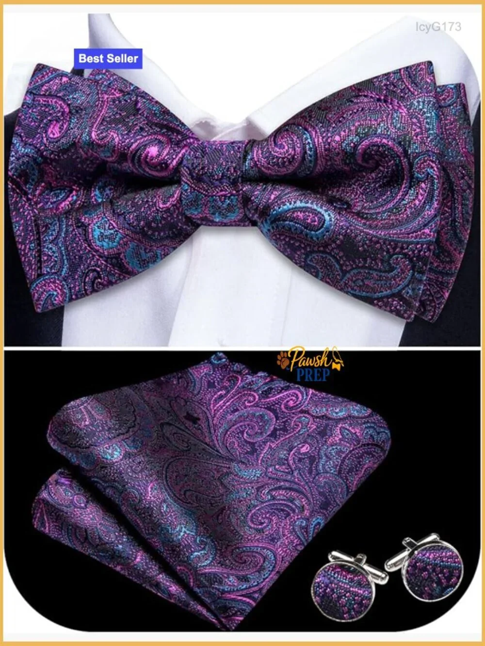 Men's Formal Silk Bow Tie Set with Pocket Square and Cufflinks